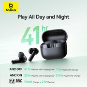Baseus wireless earbuds with charging case on a light green background