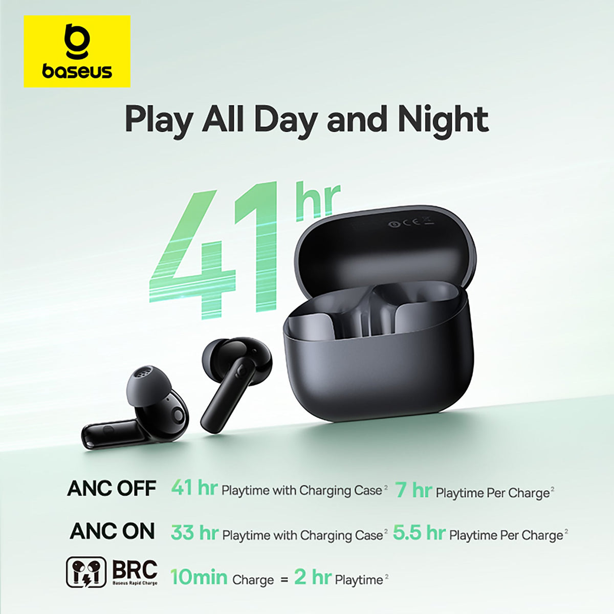 Baseus wireless earbuds with charging case on a light green background