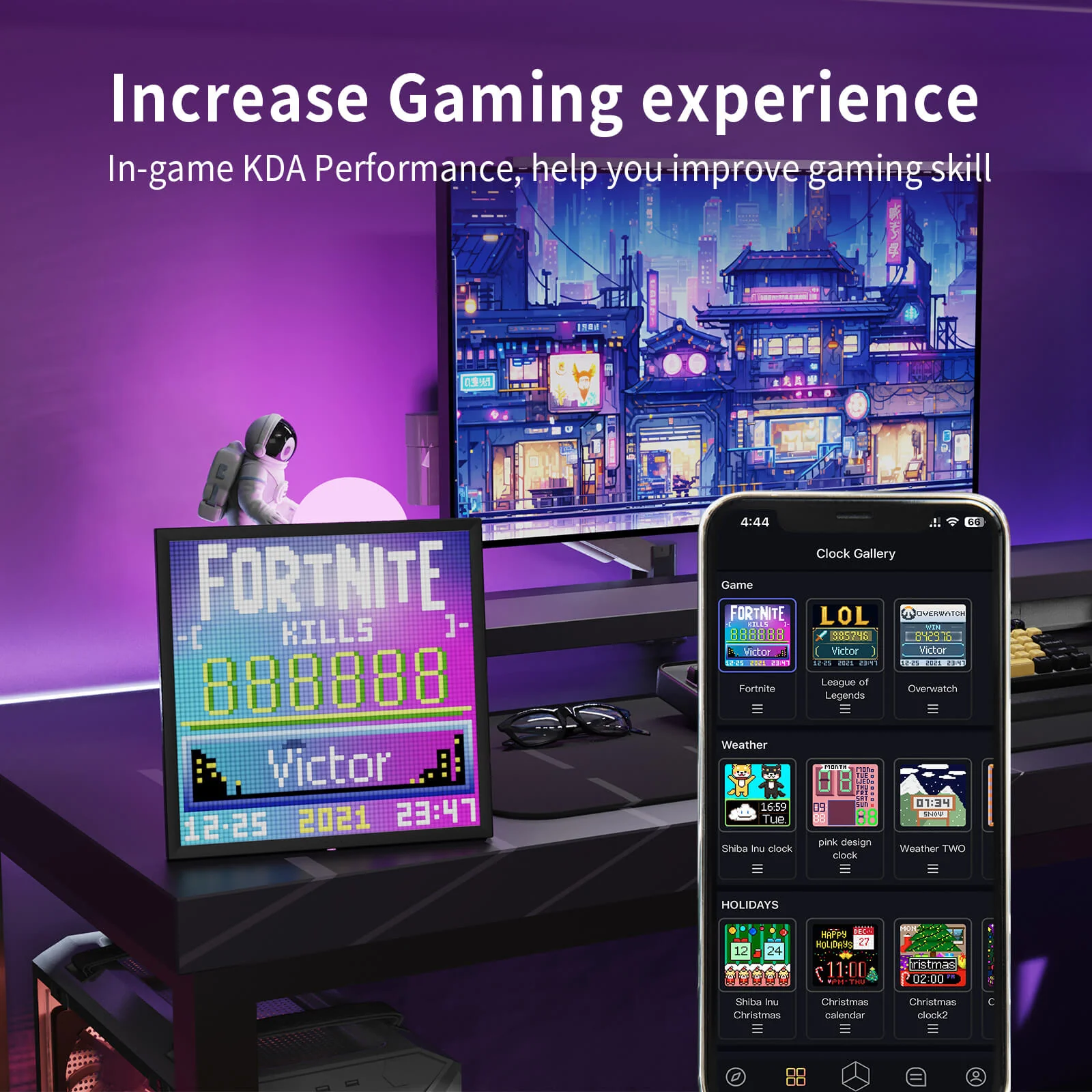 Divoom Pixoo 16×16 RGB Pixel LED Display (Smart App, Desktop & Wall Mount) Gaming setup with monitor, smartphone, and desk in a room with purple lighting.