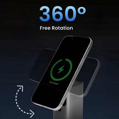 Sharge StandMag 15000 Power Bank (100W USB‑C, Qi2 MagSafe 15W, 15000mAh) Smartphone on a stand with 360-degree rotation feature on a dark background