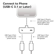 Rokid Hub USB‑C Adapter (Pass‑Through Charging, Switch Dock Mode, Dual USB‑C Out) Diagram showing how to connect USB-C devices to a smartphone and glasses.