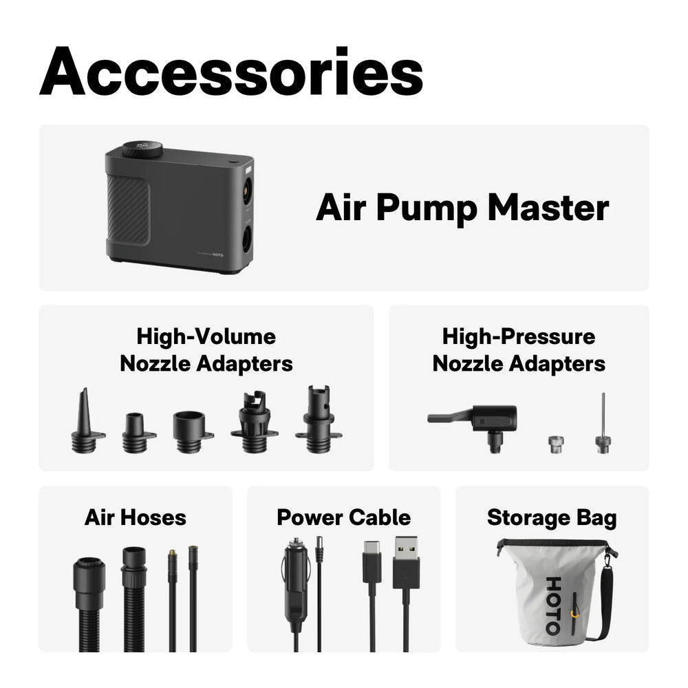 List of accessories for an air pump master including nozzles, hoses, and power cable on a white background.