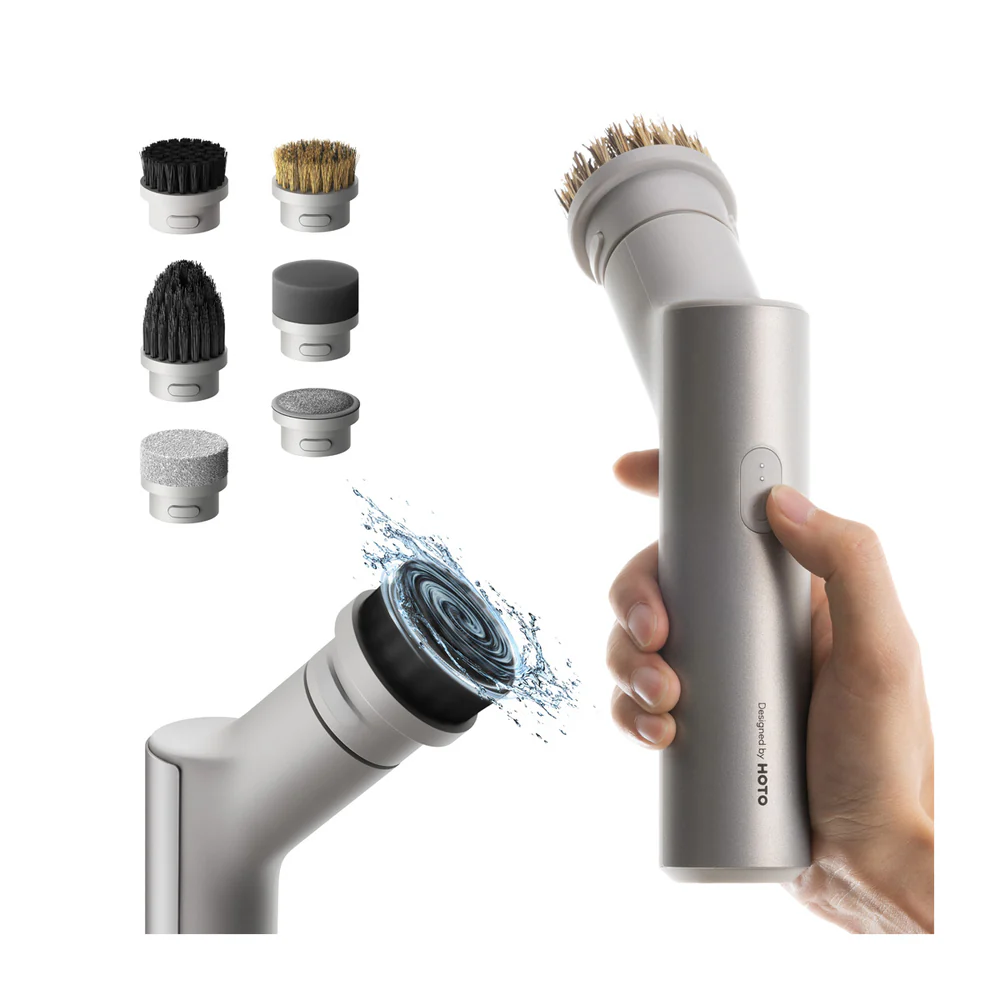 HOTO Electric Kitchen Scrubber, Handheld cleaning tool with multiple attachments on a white background