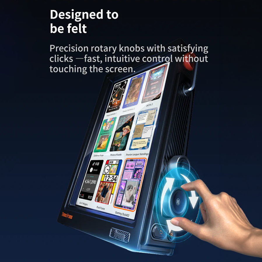 Divoom Times Frame 10.1" Transparent Smart Display (64GB, Wi‑Fi 6, RGB Lighting) Digital display with rotary knobs and a hand interacting with it on a dark background