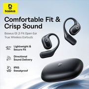 Baseus Eli 2i Fit Open Ear True Wireless Earbuds with charging case on a light blue background