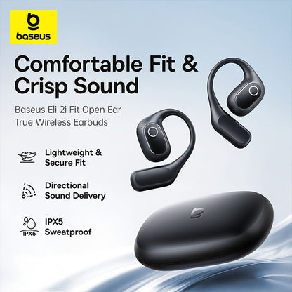 Baseus Eli 2i Fit Open Ear True Wireless Earbuds with charging case on a light blue background