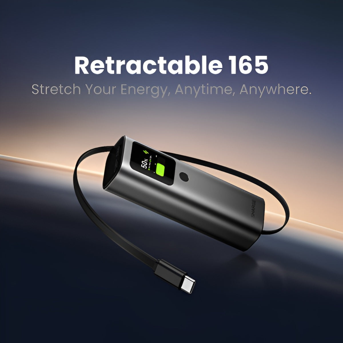 Sharge Retractable 165W Power Bank (20000mAh, Built‑in 100W USB‑C Cable) Retractable power bank with digital display on a dark background