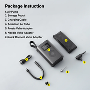 HOTO Electric Air Pump Portable Tire Inflator Package contents of an air pump set on a light gray background with item labels.