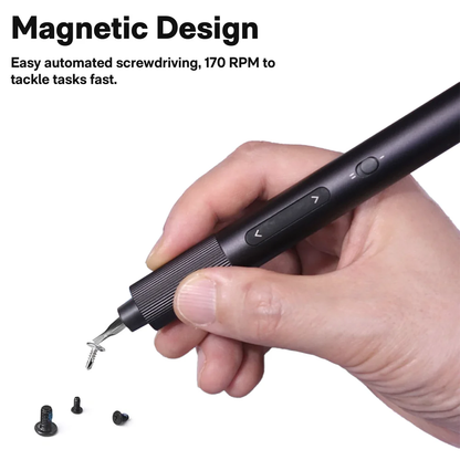 Hand holding a black screwdriver with magnetic design, surrounded by screws on a white background.