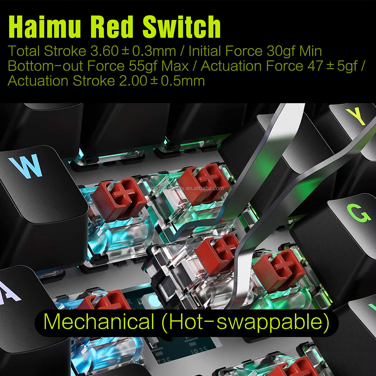 Close-up of a mechanical keyboard with Haimu Red Switches, showing switch internals and keycaps.