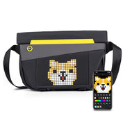 Divoom Pixoo Slingbag‑V Smart LED Sling Bag (4.7" Pixel Screen, App Control) Black messenger bag with pixelated dog design and smartphone displaying similar design on a white background