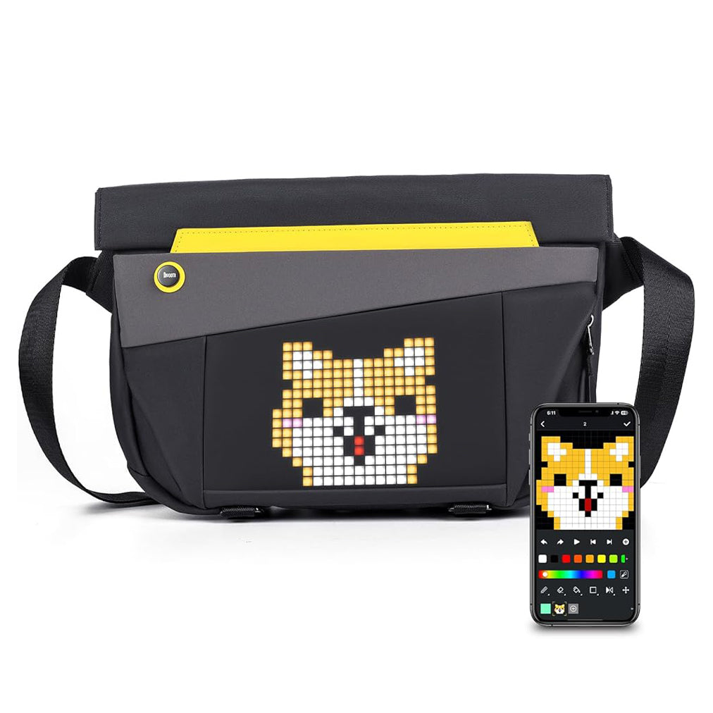 Divoom Pixoo Slingbag‑V Smart LED Sling Bag (4.7" Pixel Screen, App Control) Black messenger bag with pixelated dog design and smartphone displaying similar design on a white background