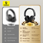 Baseus headphones with feature highlights on a gray background