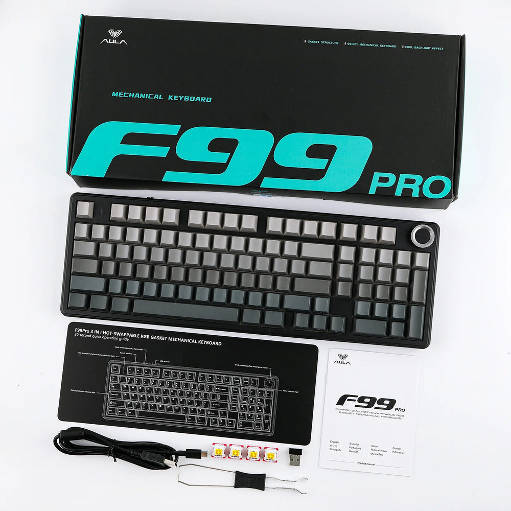 Mechanical keyboard with packaging and accessories on a white background