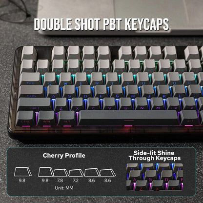 Mechanical keyboard with double shot PBT keycaps on a dark surface