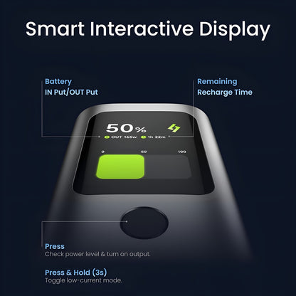 Sharge Retractable 165W Power Bank (20000mAh, Built‑in 100W USB‑C Cable) Smart interactive display with battery status on a dark background