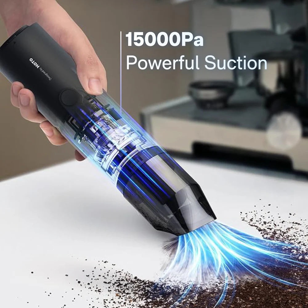 Handheld vacuum cleaner with powerful suction feature on a blurred background