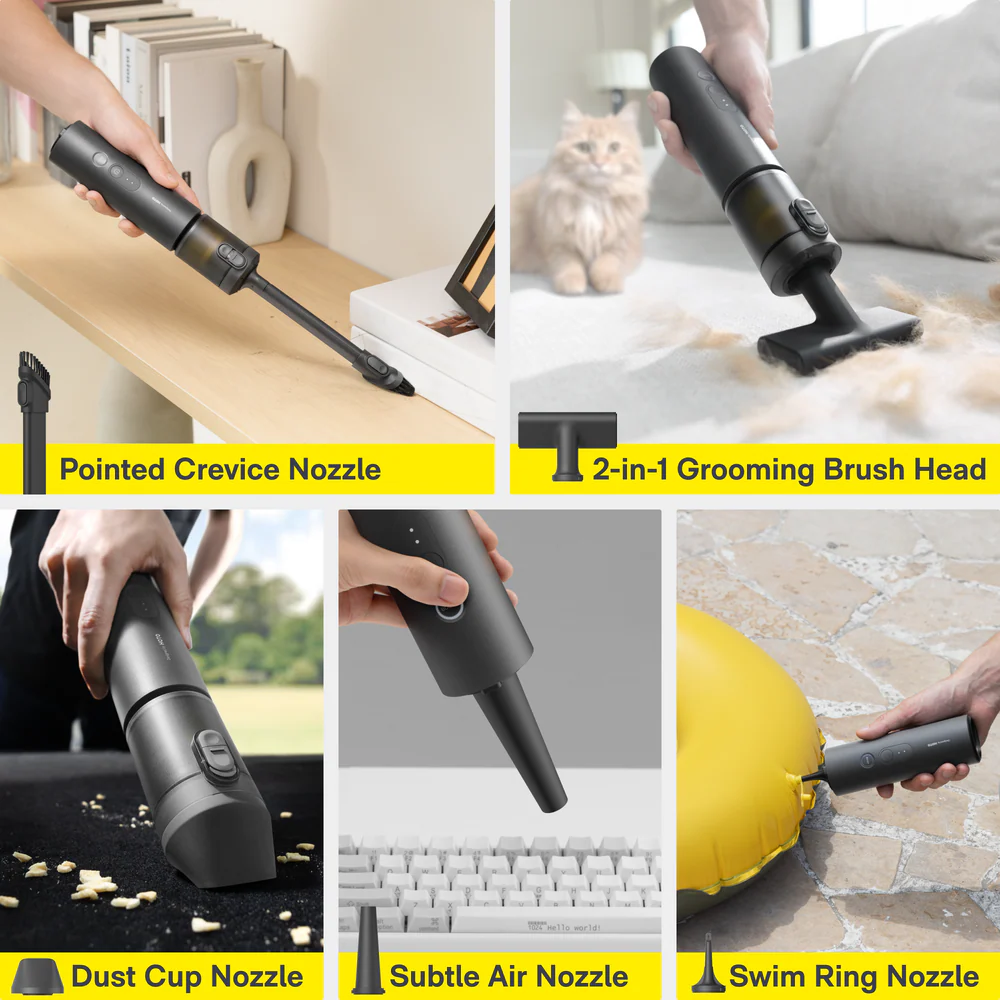 Multifunctional vacuum cleaner head with various nozzles used in different scenarios.