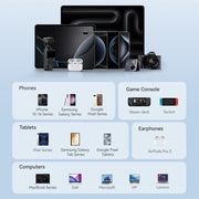 Collection of electronic devices including phones, tablets, computers, and gaming console on a light blue background.