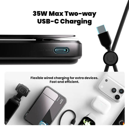 Sharge ICEMAG 3 MagSafe Power Bank (10000mAh, 25W Wireless, 35W USB‑C PD) 35W Max Two-way USB-C Charging device with charging cable and electronic devices on a white background