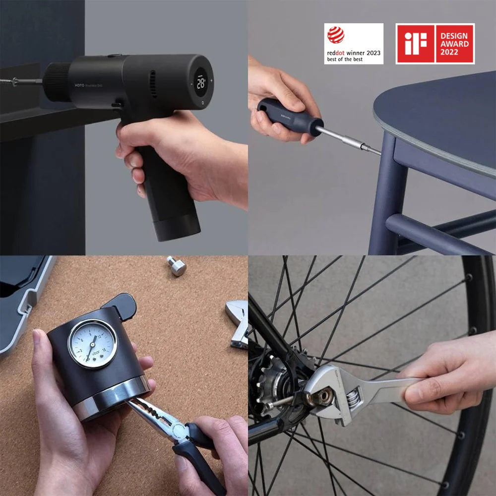 Collage of a handheld tool, screwdriver, clock, and wrench being used on different tasks with awards displayed.