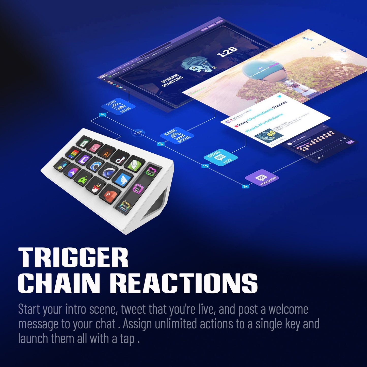 Digital interface with keyboard and screen displaying text on a blue background