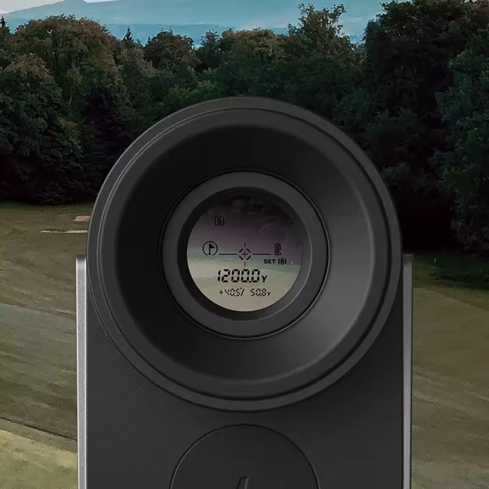 HOTO Golf Laser Rangefinder, Digital display on a device with a blurred outdoor background