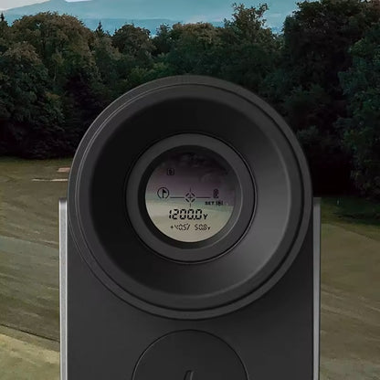 HOTO Golf Laser Rangefinder, Digital display on a device with a blurred outdoor background