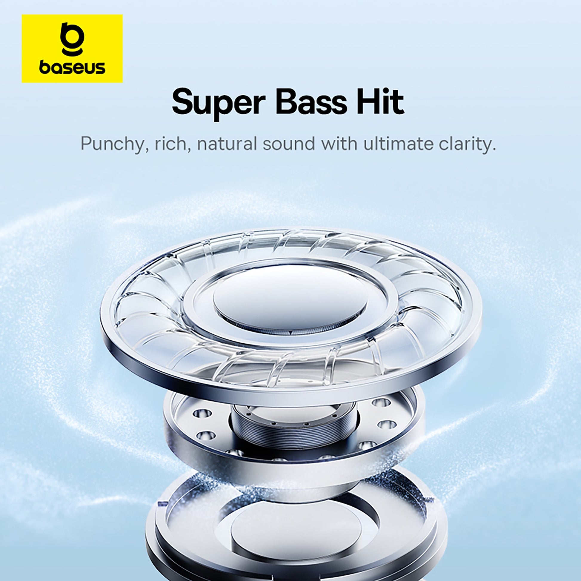 Baseus super bass hit speaker with text on a light blue background