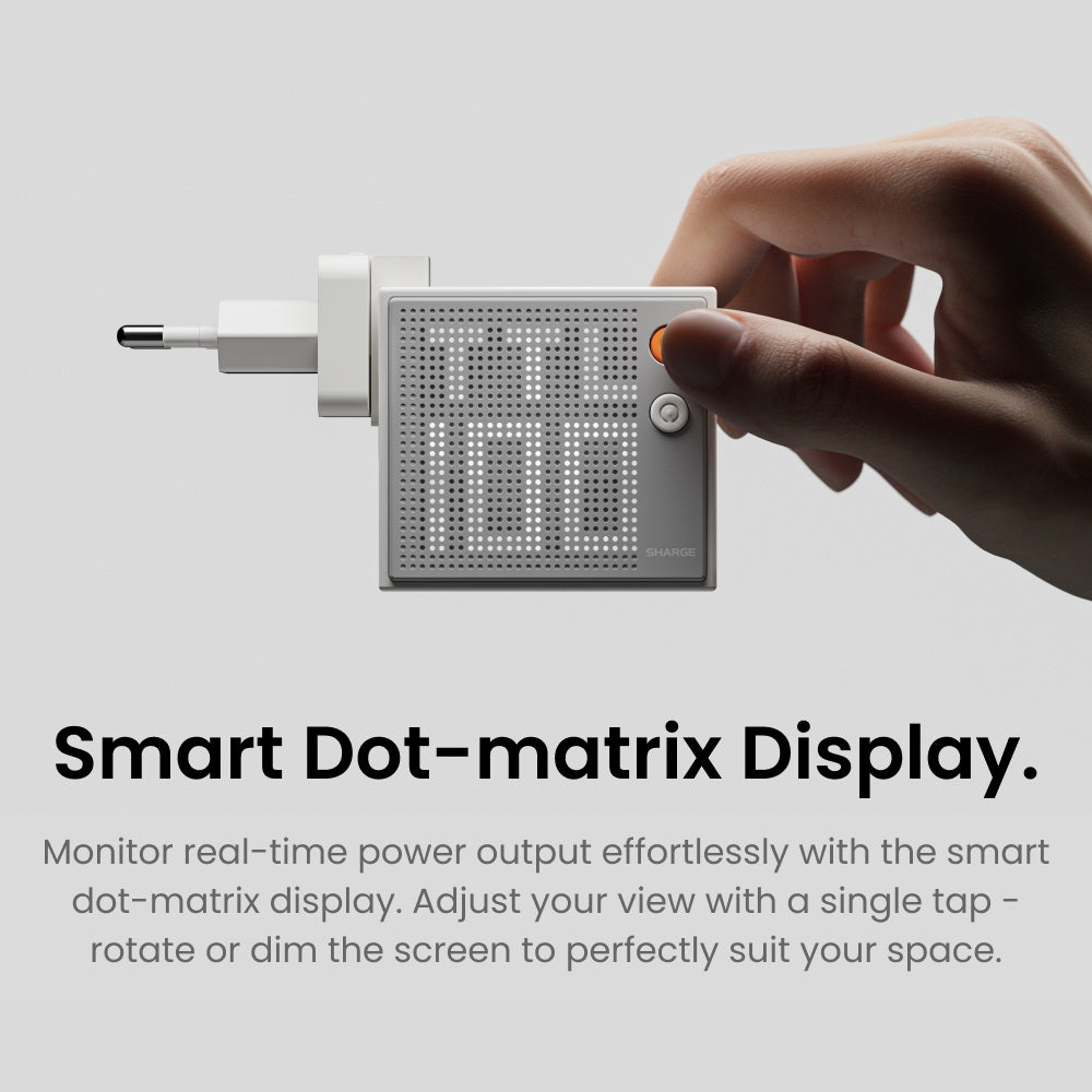 Sharge Pixel 100W GaN Charger (3×USB‑C, USB‑A, Dot‑Matrix Display) Smart dot-matrix display held by a hand with text describing its features.