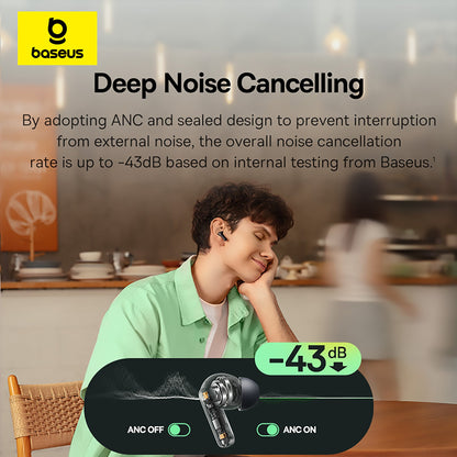 Person using earbuds with Baseus deep noise cancelling feature in a kitchen setting