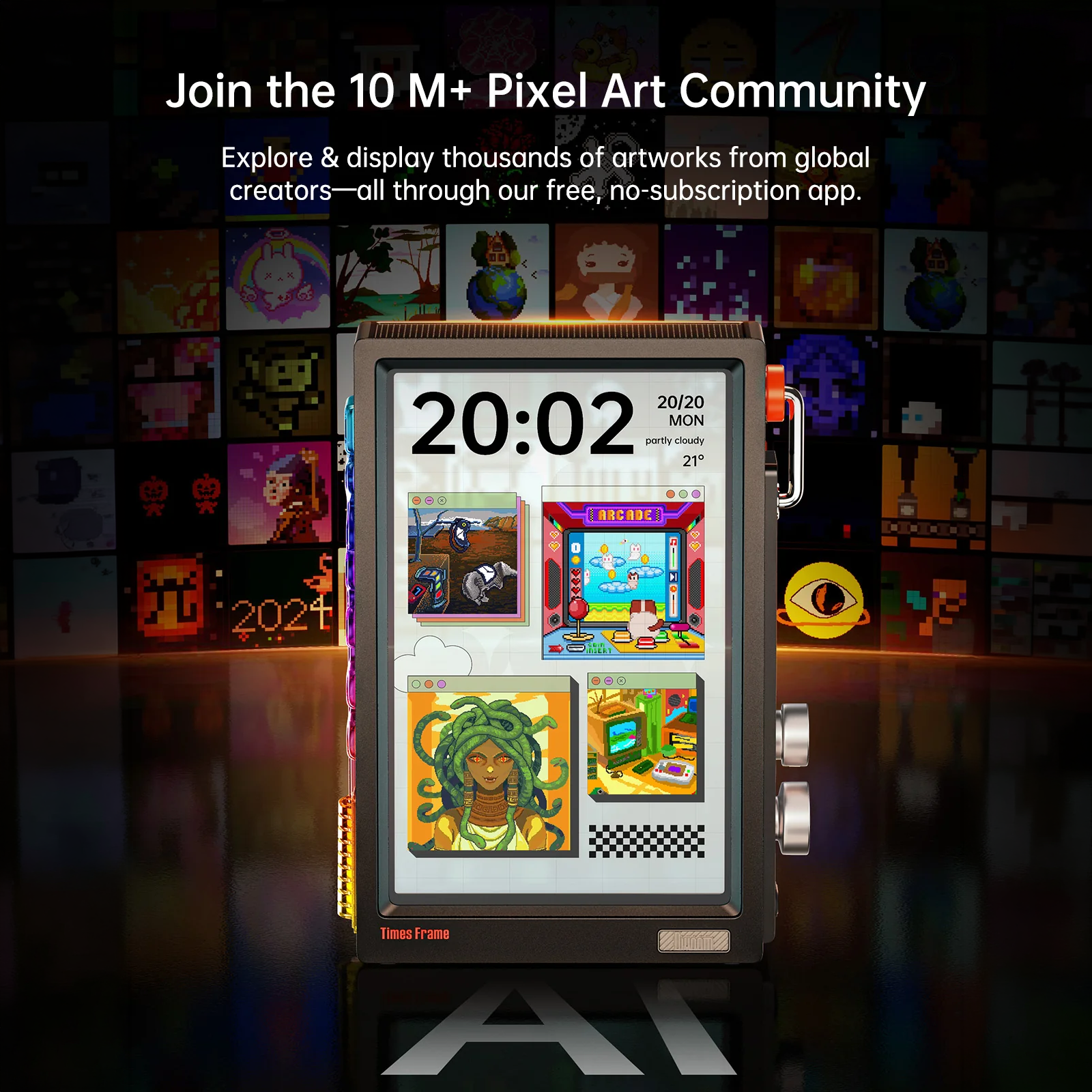 Divoom Times Frame 10.1" Transparent Smart Display (64GB, Wi‑Fi 6, RGB Lighting) Digital clock with pixel art display against a dark background with pixel art images.