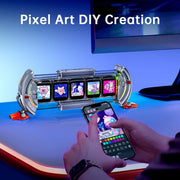 Divoom Times Gate 5‑Screen Smart Pixel Display (Wi‑Fi, RGB, Live Data Tracker) Person using a smartphone with pixel art app in front of a pixel art creation device.