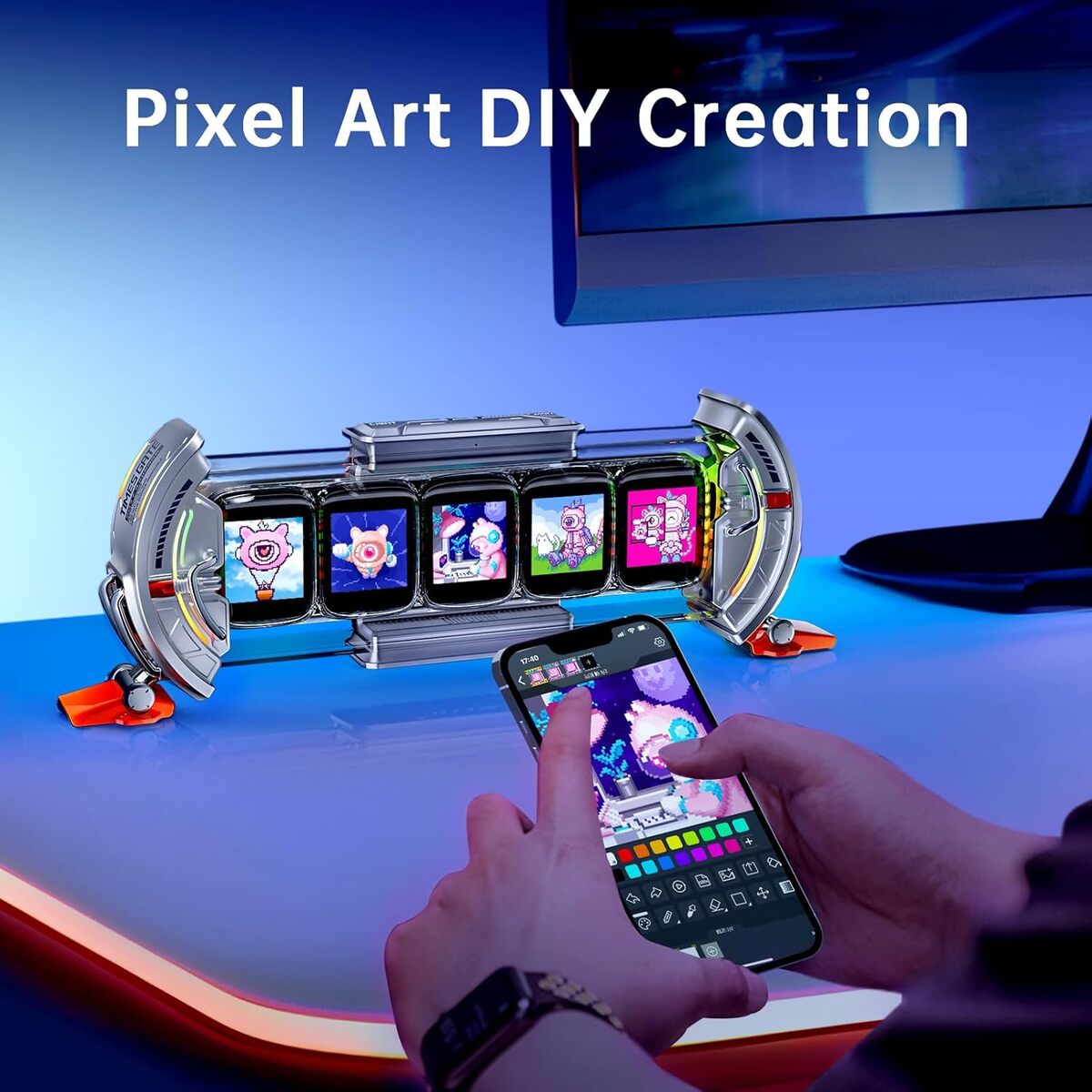 Divoom Times Gate 5‑Screen Smart Pixel Display (Wi‑Fi, RGB, Live Data Tracker) Person using a smartphone with pixel art app in front of a pixel art creation device.