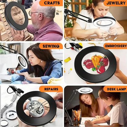 Collage of a magnifying glass being used in various activities including crafts, jewelry making, sewing, embroidery, repairs, and desk lamp.