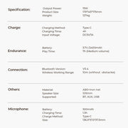 Product specifications table with details on output power, size, weight, charging method, battery capacity, Bluetooth version, and more.
