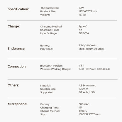 Product specifications table with details on output power, size, weight, charging method, battery capacity, Bluetooth version, and more.