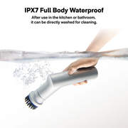 HOTO Electric Kitchen Scrubber 9 Brush Head Set Electric toothbrush being rinsed under water with text about IPX7 full body waterproof feature.