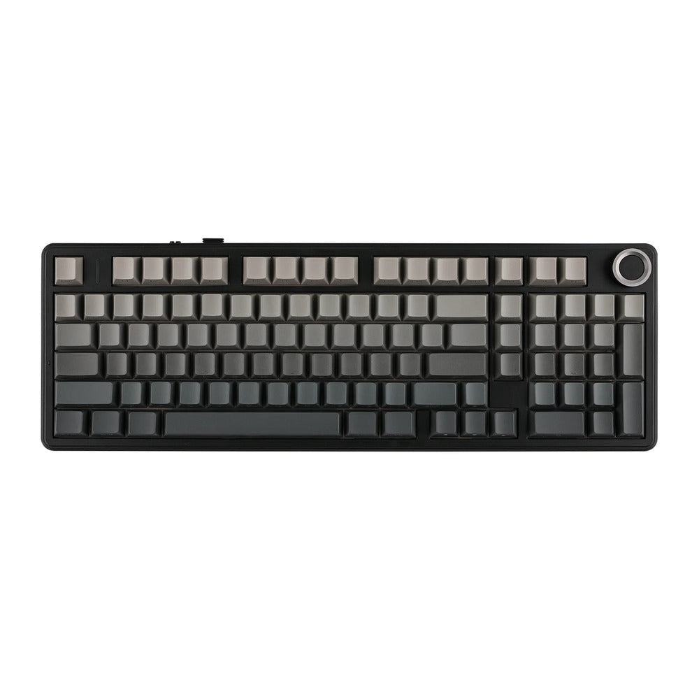 Mechanical keyboard with black frame and gray keys on a white background