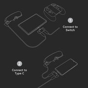 Rokid Hub USB‑C Adapter (Pass‑Through Charging, Switch Dock Mode, Dual USB‑C Out) Diagram showing how to connect a device to a Switch and Type C port on a black background.