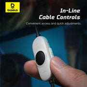 Hand holding a small electronic device with 'baseus' branding and text about in-line cable controls.