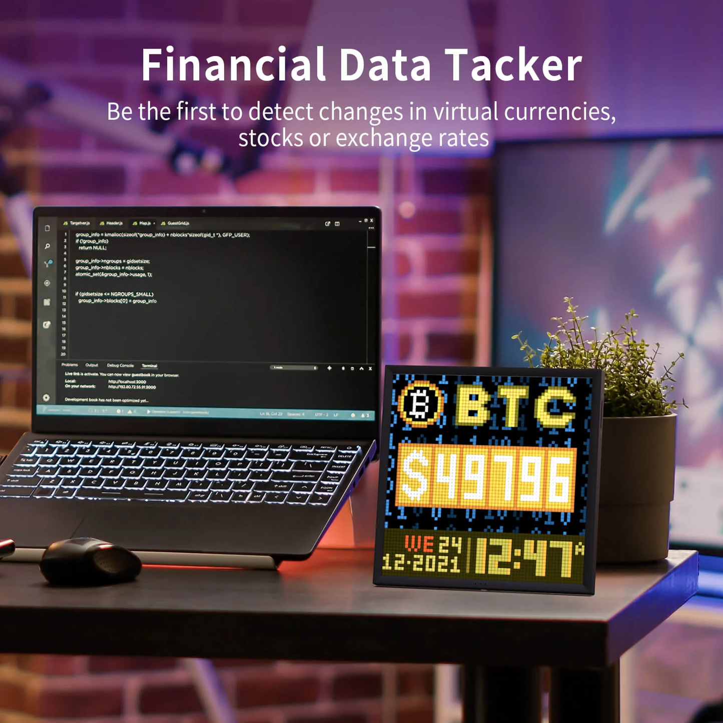 Divoom Pixoo 16×16 RGB Pixel LED Display (Smart App, Desktop & Wall Mount) Laptop on a desk with a digital display showing Bitcoin price and date.