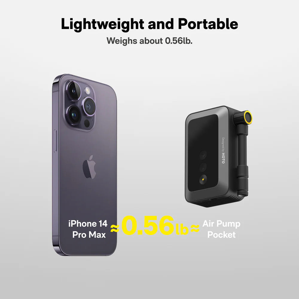 HOTO Air Pump Pocket, Comparison of iPhone 14 Pro Max and air pump pocket on a light gray background