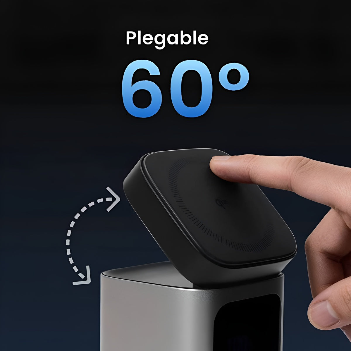 Sharge StandMag 15000 Power Bank (100W USB‑C, Qi2 MagSafe 15W, 15000mAh) Hand opening a black lid on a cylindrical container with 'Plegable 60°' text above.