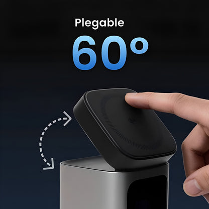 Sharge StandMag 15000 Power Bank (100W USB‑C, Qi2 MagSafe 15W, 15000mAh) Hand opening a black lid on a cylindrical container with 'Plegable 60°' text above.