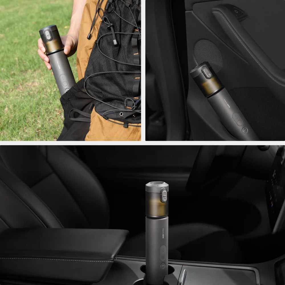 Collage of a person holding a portable device outdoors and inside a car.