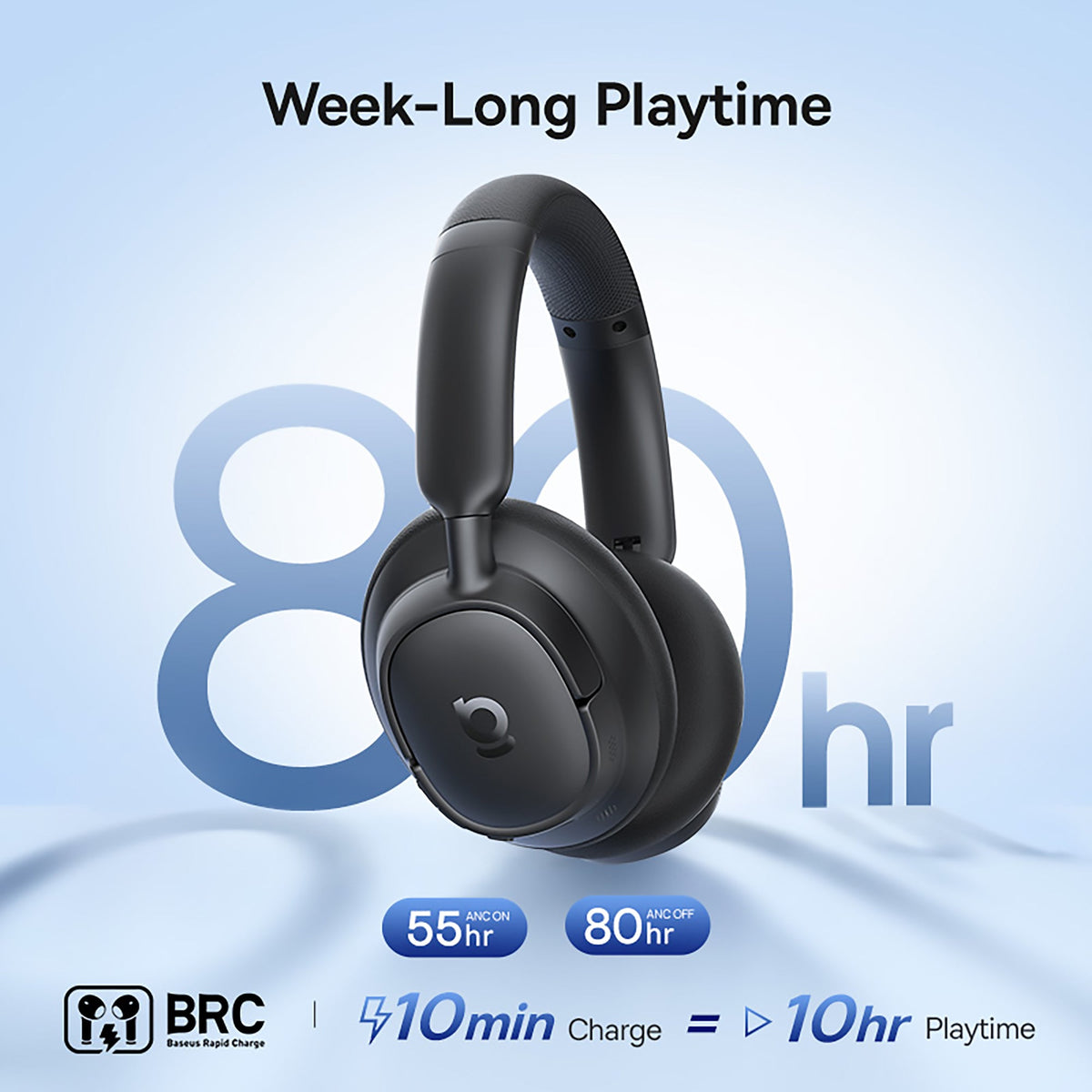 Black headphones with 80 hours playtime on a blue gradient background