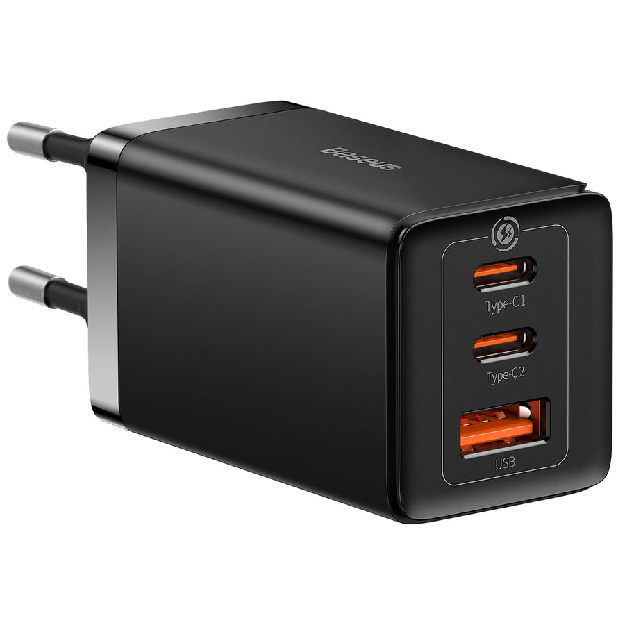 Black charging adapter with multiple ports on a white background