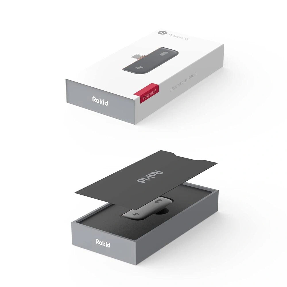 Rokid Hub USB‑C Adapter (Pass‑Through Charging, Switch Dock Mode, Dual USB‑C Out) Rokid device packaging on a white background