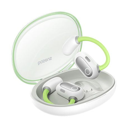 Wireless earbuds with charging case on a white background